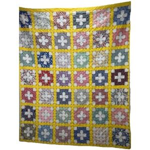 Handmade Plus Quilt Feed Sack Fabrics Hand Tied 72 x 87.5" light staining